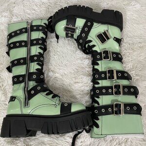 CURRENT MOOD Artistic Anarchist Tall Knee High Buckle Combat Boots Sage Green 8